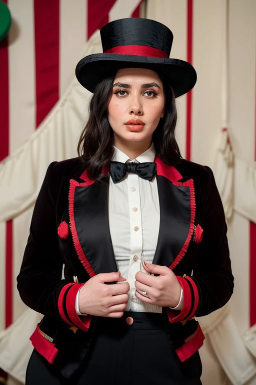 DEN_alejandra_moreno,
(performing in a (circus:1.2) wearing a red and black (blazer:1.1) and white (shirt:1.1) and cream (trousers:1.1) and black bow tie and (top hat:1.1), ring leader, circus:1.2), clothed, dressed,
bokeh, f1.4, 40mm, photorealistic, raw,...