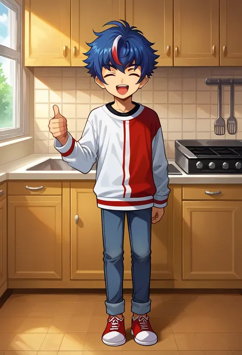 score_9,score_8_up,score_7_up,score_6_up,score_5_up,score_4_up,source_anime BREAK akina myodo, 1boy, male focus, solo, chibi, closed eyes, thumbs up, pants, red footwear, smile, shoes, shirt, open mouth, red-white shirt, kitchen, full body, facing viewer, ...