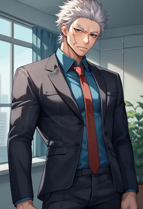 score_9, score_8_up, score_7_up, source_anime, highly detailed, 
nagakura, 1boy, male focus, solo, muscular, muscular male, pectorals, white hair, short hair, blue eyes, scar, scar on face, formal, suit, shirt, blue shirt, collared shirt, necktie, red neck...