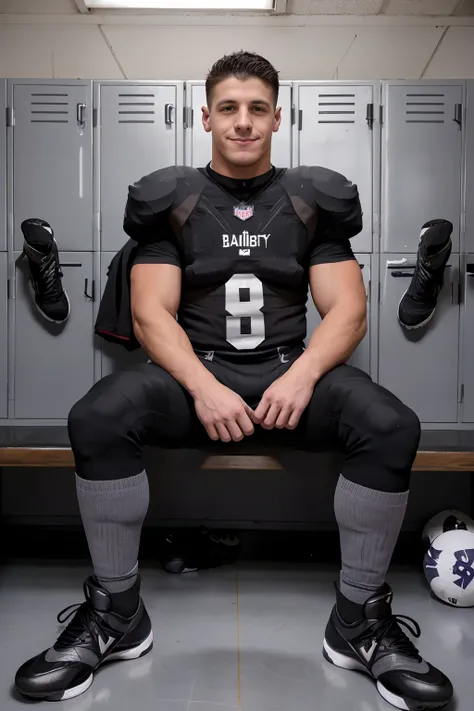 locker room, sitting on a bench, in front of lockers, slightly smiling, DaltonRiley is an (American football player), wearing (football uniform:1.2), (black jersey:1.4), black (shoulder pads), jersey number 92, (black football pants:1.4), (gray socks:1.4),...