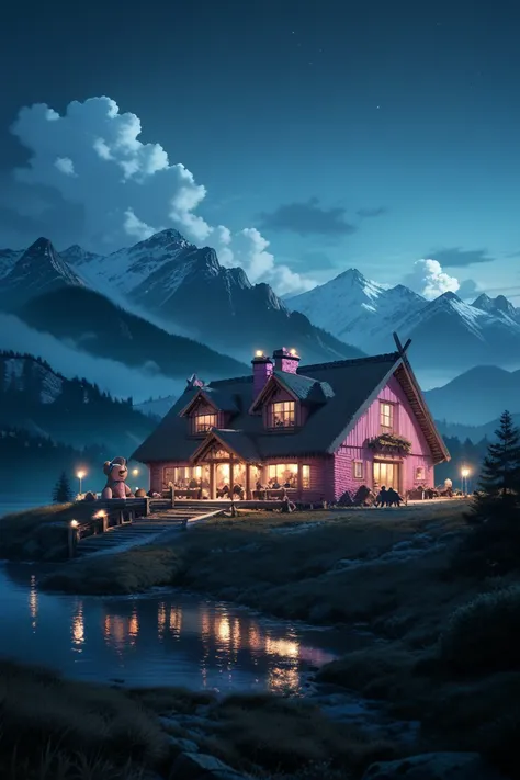 nighttime scene of a cabin with a mountain view and a lake