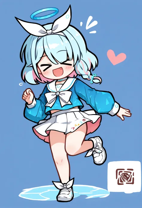 1girl,solo,
1girl, arona (blue archive), > <, solo, halo, skirt, blue hair, white skirt, chibi, school uniform, pink hair, xd, multicolored hair, open mouth, white footwear, long sleeves, smile, shirt, sailor collar, closed eyes, pleated skirt, full body, ...