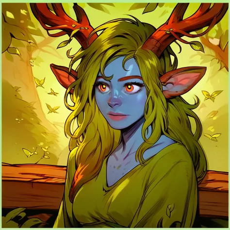 female focus, solo focus, solo, score_9, score_8_up, score_7_up, Gothiccherrymix <lora:Gothiccherrymix:1> 1 girl, dryad, satyr, faun, blue skin, green hair, long hair, wooden horns, horns, antlers