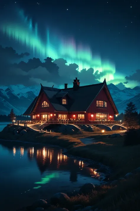 nighttime scene of a red house with a bridge and aurora lights