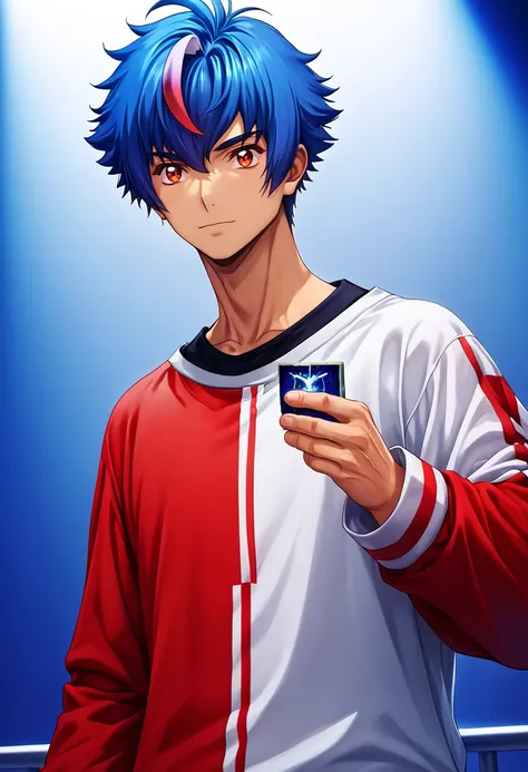 score_9,score_8_up,score_7_up,score_6_up,score_5_up,score_4_up,source_anime,rating_safe,akina myodo,1boy,male focus,solo,shirt,red-white shirt,upper body,(card,holding, holding card,trading card),black shirt,stage lights,blue_hair,<lora:Akina_Myodo_V1_2-00...