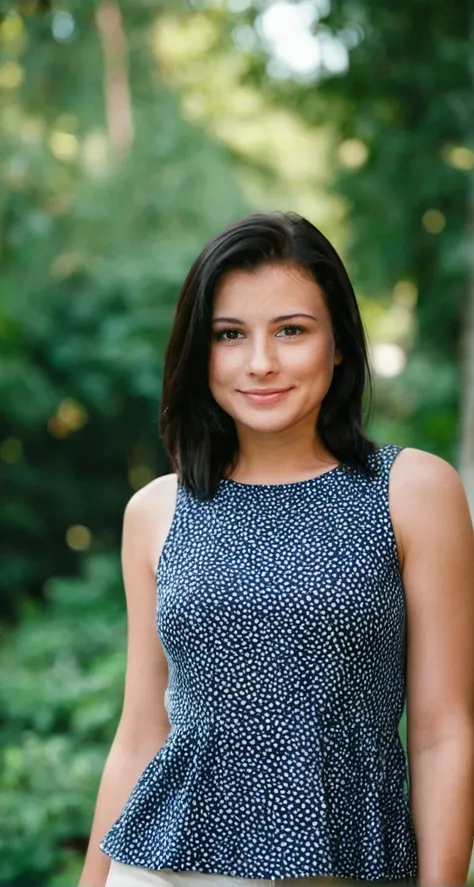 portrait of a 19-year-old girl with black hair, styled with a natural, polished look. Her hair is straight and well-groomed, cascading over her shoulders. She wears a simple, elegant top, perhaps in a soft color or subtle pattern, adding a refined touch. H...