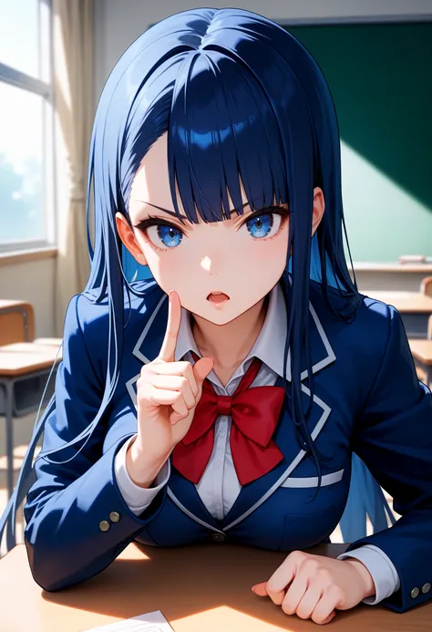 score_9, score_8_up, score_7_up, 1girl, solo, dark blue hair, very long hair, straight hair, blunt ends, asymmetrical bangs, blue eyes, medium breasts, school uniform, collared shirt, red bowtie, blue blazer, blue pleated skirt, classroom, upper body, lean...