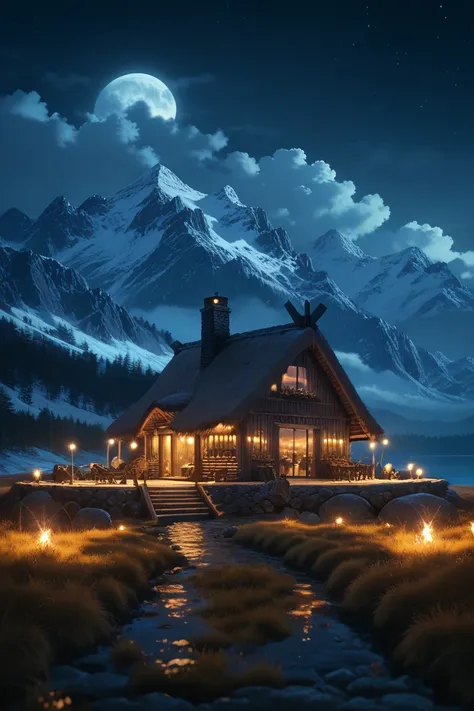 night scene of a cabin with a mountain in the background