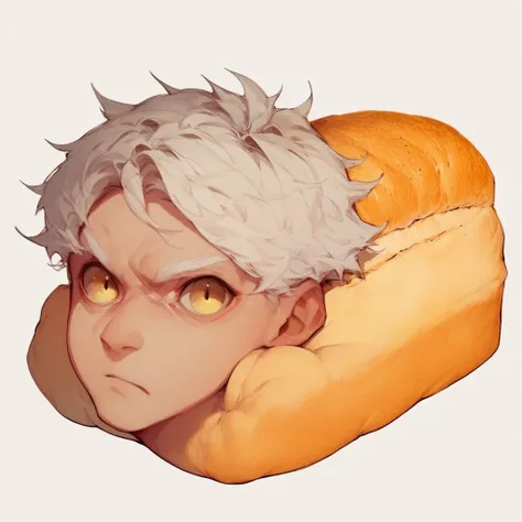 score_9_up, score_8_up, score_7_up, mikus-concept, face on bread, face added in foreground, white background, white hair, yellow eyes, 1boy, solo