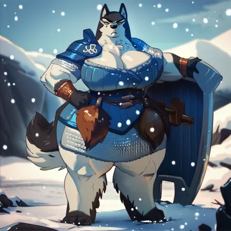 score_9, score_8_up, score_8, furry, Magna, wolf, cartoon style, 2d, muscular female, huge breasts, thick thighs, wide hips, solo, blue armour, standing, big shield, looking at viewer, stern expression, outside, snowy