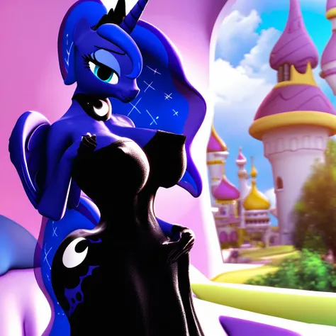 safe_pos, score_9, score_8_up, score_7_up, score_6_up, score_5_up, score_4_up, source_pony, my little pony, anthro pony, Princess Luna_(mlp), Bimbo, tail, 1woman, sexy, beautiful, detailed, high detailed, very beautiful, detailed cute pony face, detailed F...