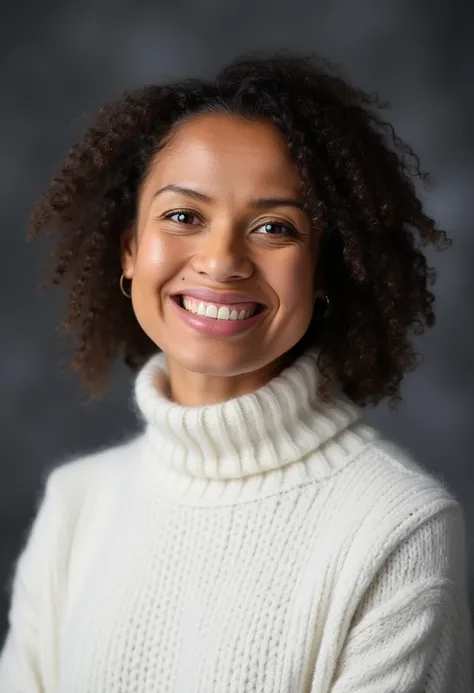 A professional portrait photo of gugumbatharaw, a woman. She is smiling, showing her teeth. She is wearing a white knit turtleneck sweater. The background is blurry and shows a dark gray professional photo studio canvas.