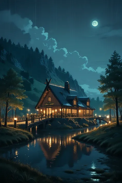 night scene of a cabin by a river with a full moon