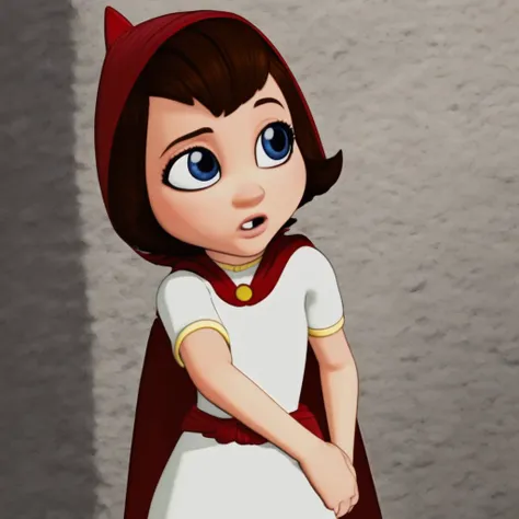 blue eyes, short brown hair, red hood over head, red band around waist, 1girl, red sneakers, white shirt, white skirt, short sleeve, red cloak, bel bottom pants, Red