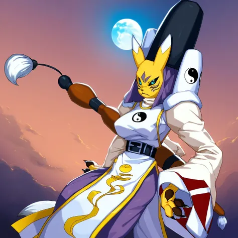 score_9, score_8_up, source_anime, flat color, taomon, furry female, yellow fur, solo, 1girl, blue eyes, black sclera, serious, hat, tabard, shoulder armor, yin yang, breasts, tail, holding, belt, facial mark, animal ears, calligraphy brush, giant brush, s...