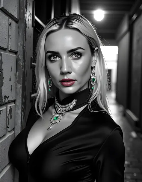 In a dramatic, high-contrast black and white noir setting, the captivating S4R4HH, with her striking grey eyes gleaming like silver dollars under the harsh, single-bulb spotlight, poses defiantly against a gritty, rain-slicked alleyway wall. Her platinum b...