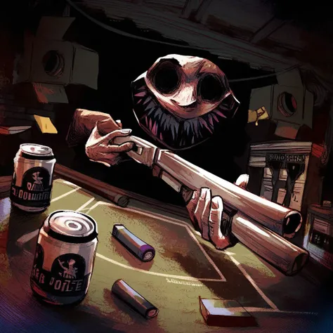 Dealer, 1boy, solo, floating head, black eyes, hollow eyes, smile, grin, sharp teeth, floating hands, shotgun, holding shotgun, table, beer cans, score_9, score_8_up, score_7_up