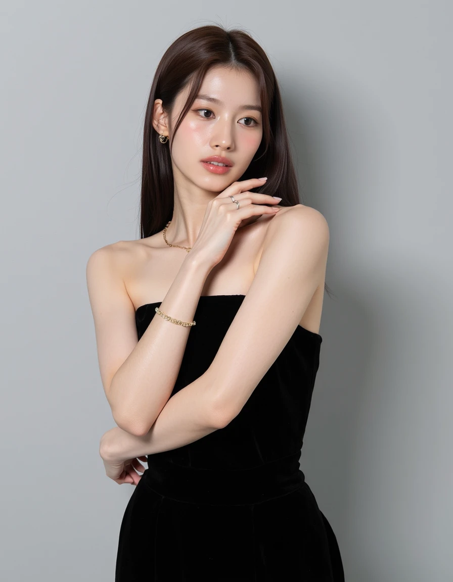 This is a high-resolution photograph of a young Asian woman with a fair complexion and straight, shoulder-length dark brown hair. She has a slender physique and is wearing a strapless, black velvet dress that has a high neckline and a slightly flared skirt...