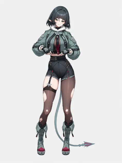 8k,best quality,masterpiece,(ultra-detailed),(high detailed skin),Full body portrait,
jiandoe,tail,pointy ears,default clothes,green jacket,1girl,black hair,torn clothes,gloves,fingerless gloves,shorts,torn  suspenders,suspenders,necktie,sling,
full-length...