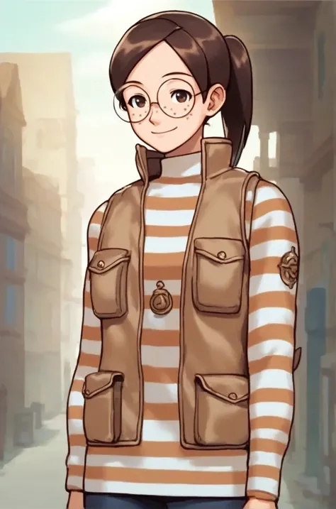 score_9, score_8_up, score_7_up, source_anime, masterpiece, best quality, absurdres, outdoors, 1girl, looking at viewer, <lora:penny3_lora:1.2>, ace attorney, brown hair, brown vest, freckles, striped jumper, ponytail, round glasses, cowboy shot, standing,...