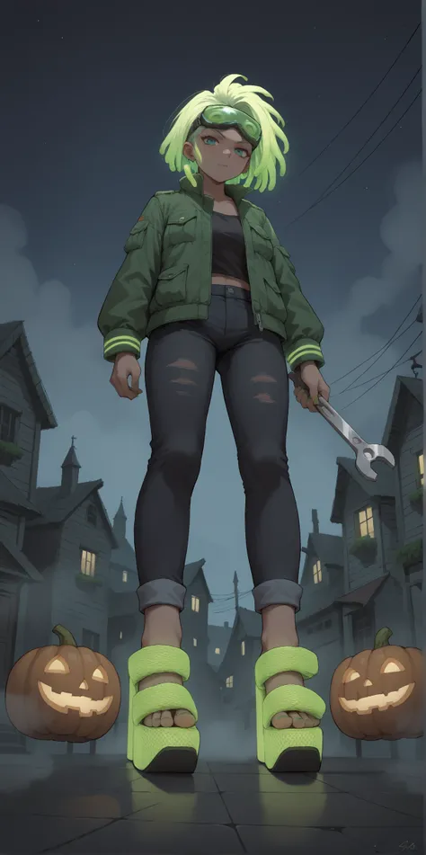 score_9, score_8_up, score_7_up, score_6_up, source_anime,
wide angle, standing, low angle, foot focus, 
standing,
holding a giant wrench as a weapon,
(glowing neon footwear:1.1),
(glowing neon hair:1.15),
1girl, leather pants, green short jacket, black an...