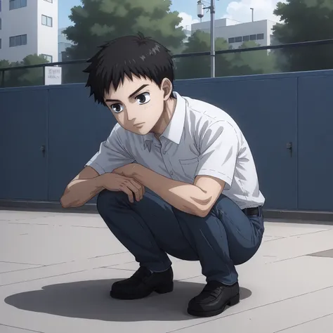 <lora:ID_ShinjiInukaiXLpony003>,
outdoors,
solo,
ShinjiInukai,1boy,short hair,black hair,black eyes,
collared_shirt,short_sleeves,
jeans pants,
squatting,