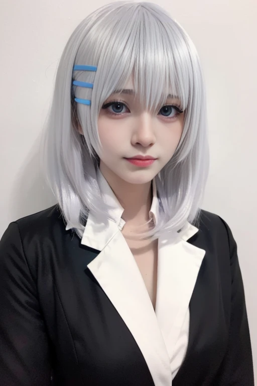 ltra-detailed,highly detailed,best quality,masterpiece,illustration, drawing, realistic, photorealistic,
origami, tobiichi origami, 1girl, solo, cosplay, 
medium hair, white hair, bangs, hairclip, 
looking at viewer, upper body, 
simple background, 
<lora:...