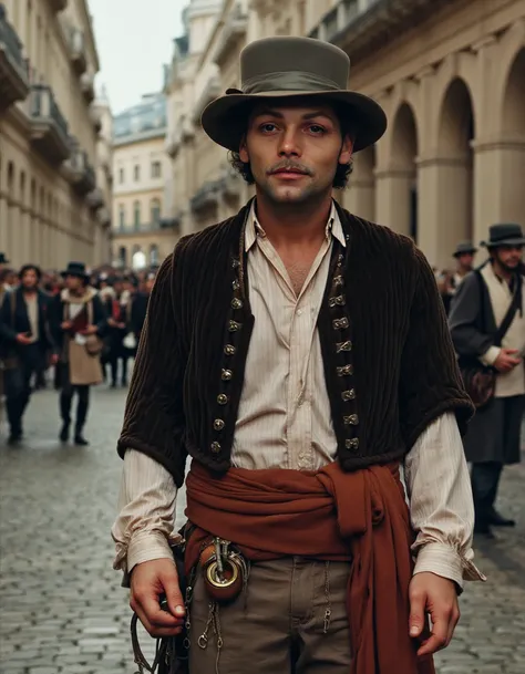 A highly realistic portrait of Patrick Dewaere, styled as a French revolutionary from 1789, captured on the evocative cobblestone streets of Paris during the fervent days of the French Revolution. He is adorned in authentic period attire: a weathered trico...