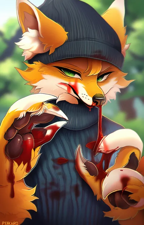 score_9, score_8_up, <lora:reskaro_style_v1:1> reskaro, solo, looking at viewer, 1boy, hat, animal ears, green eyes, upper body, male focus, artist name, blurry, sweater, animal ear fluff, black headwear, fox ears, blurry background, blood, turtleneck, fur...