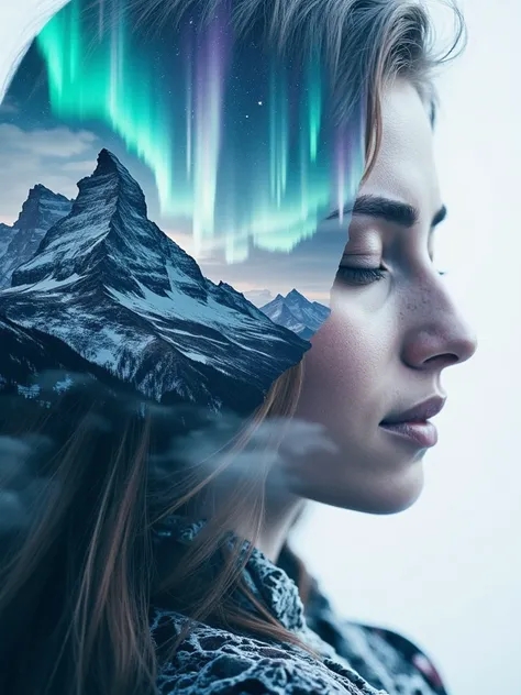 dblxpsr, double exposure, A mountain range forming the crown of a sleeping face, while northern lights dance across their closed eyes. Snow-capped peaks blend seamlessly with flowing hair