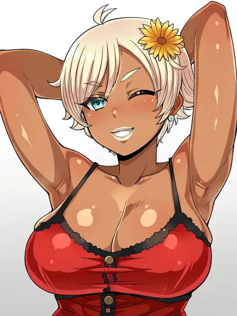 score_9, score_8_up, score_7_up, 
1girl, mami ei, blonde hair, short hair, dark-skinned female, large breasts, blue eyes,

white background, upper body, arms behind head, wink, smile, closed mouth, white lips, flower hair ornament, looking at viewer, red c...