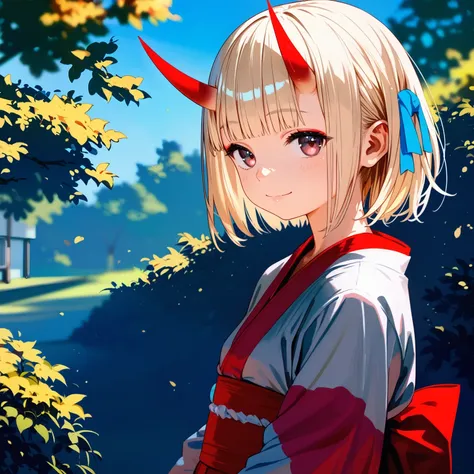 anime girl with horns and a red bow standing in front of a tree