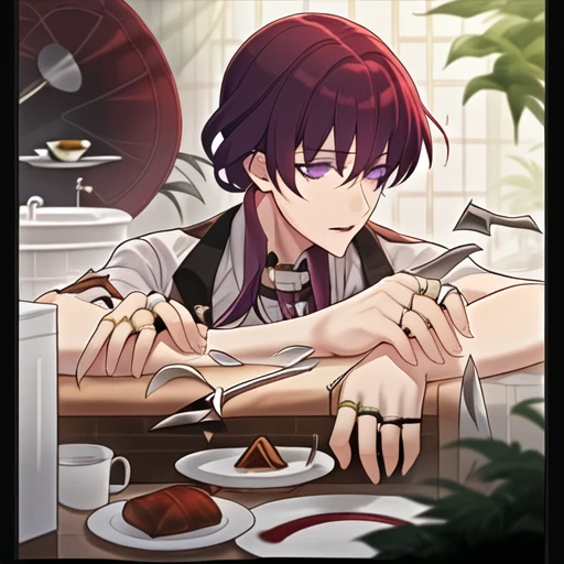 food, upper body, knife, bath, plate, purple eyes, indoors, collared shirt, cup, ring