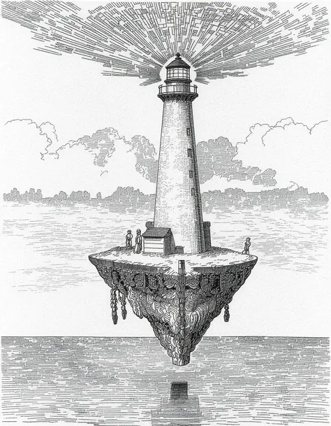 a detailed drawing, A lighthouse on a floating island, its beam creating portals to other dimensions.