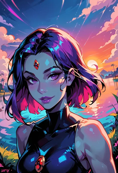 score_9, score_8_up, score_7_up, (dramatic shadows:1.4),(Western Comics), raven (titans), cute, seductive, innocent, purple hair, purple skin, floating hair, luscious lips, light smile, head tilted, red ruby on forehead, backlight, (sunset), (lake backgrou...