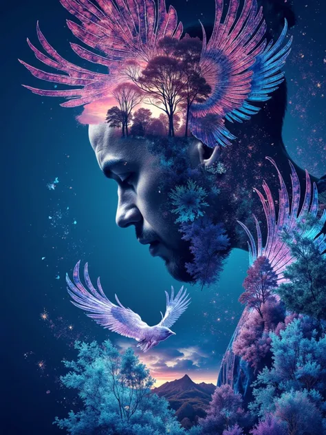 dblxpsr, double exposure, A musicians silhouette dissolves into visible sound waves, their instrument creating ripples of color that transform into exotic birds taking flight. The birds trail musical notes behind them like cosmic dust, and their wings pain...