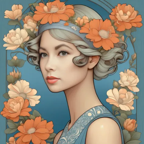 a painting of a woman with flowers in her hair and a blue dress with orange and white flowers on her head, Audrey Kawasaki, highly detailed digital painting, an art deco painting, figurative art