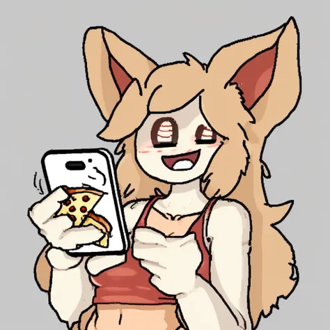 animal ears, sketch, furry female, upper body, selfie, holding phone, food, pizza, penis