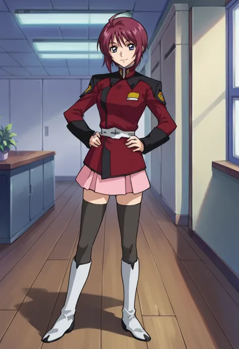 anime girl in uniform standing in a room with a window