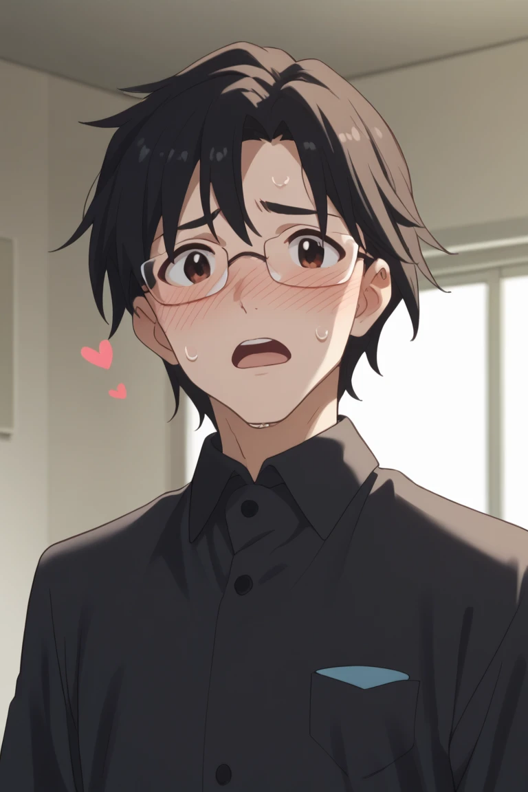 score_9, score_8_up, score_7_up, score_6_up, score_5_up, score_4_up, akabanep, black hair, brown eyes, glasses, 1boy, male focus, solo, open mouth, blush, opaque glasses, parody, sweat, heart, formal