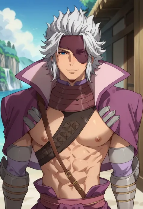 score_9, score_8_up, score_7_up, source_anime, highly detailed, 

Motochika, 1boy, male focus, solo, grey hair, aged up, medium hair, blue eyes, eyepatch, jacket, purple jacket, jacket over shoulders, arm armor, gloves, abs, belt, shoulder belt, upper body...