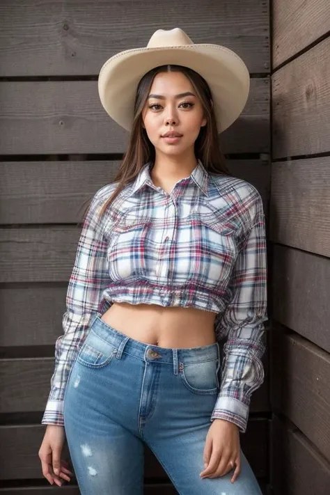 DEN_cutiebabysoo_OF,
(country beauty posing against a wooden fence with a plaid shirt and jeans and a cowboy hat, cow girl, country girl, cow girl:1.2), clothed, dressed,
bokeh, f1.4, 40mm, photorealistic, raw, 8k, textured skin, skin pores, intricate deta...