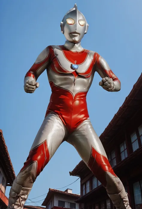 score_9, score_8_up, score_7_up, score_6_up, score_5_up, score_4_up,male focus,ultraman,Japanese city,giant superhero,half the height of a skyscraper,slim fit body,karate stance,fighting pose,standing upright,no human,alien,giant superhero,silver head,hard...