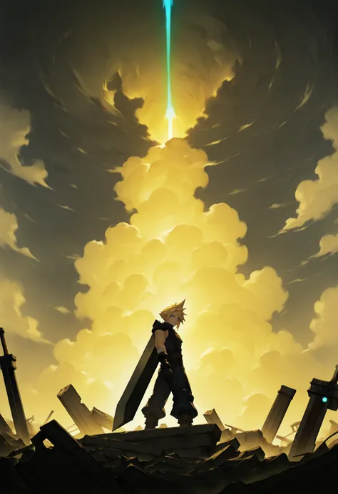 anime - style artwork of a man standing on a pile of rubble with a sword in his hand（cloud strife)