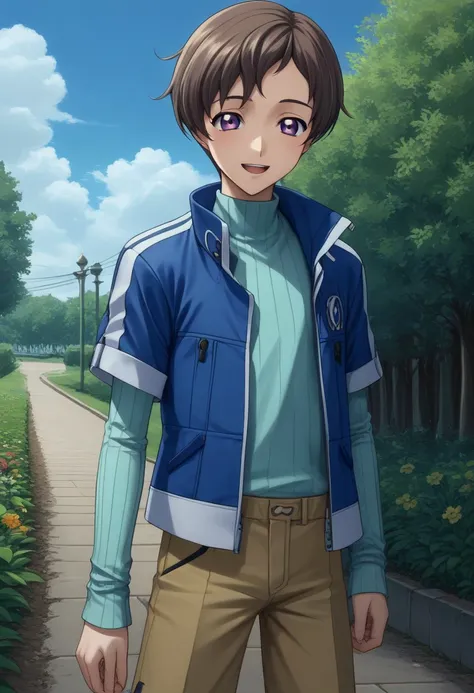 score_9, score_8_up, score_7_up, source_anime, highly detailed, 
BREAK, rolo lamperouge, csl_jkt, brown hair, short hair, purple eyes, blue jacket, open jacket, shirt, long sleeves, layered sleeves, short over long sleeves, shorts, smile, open mouth, looki...