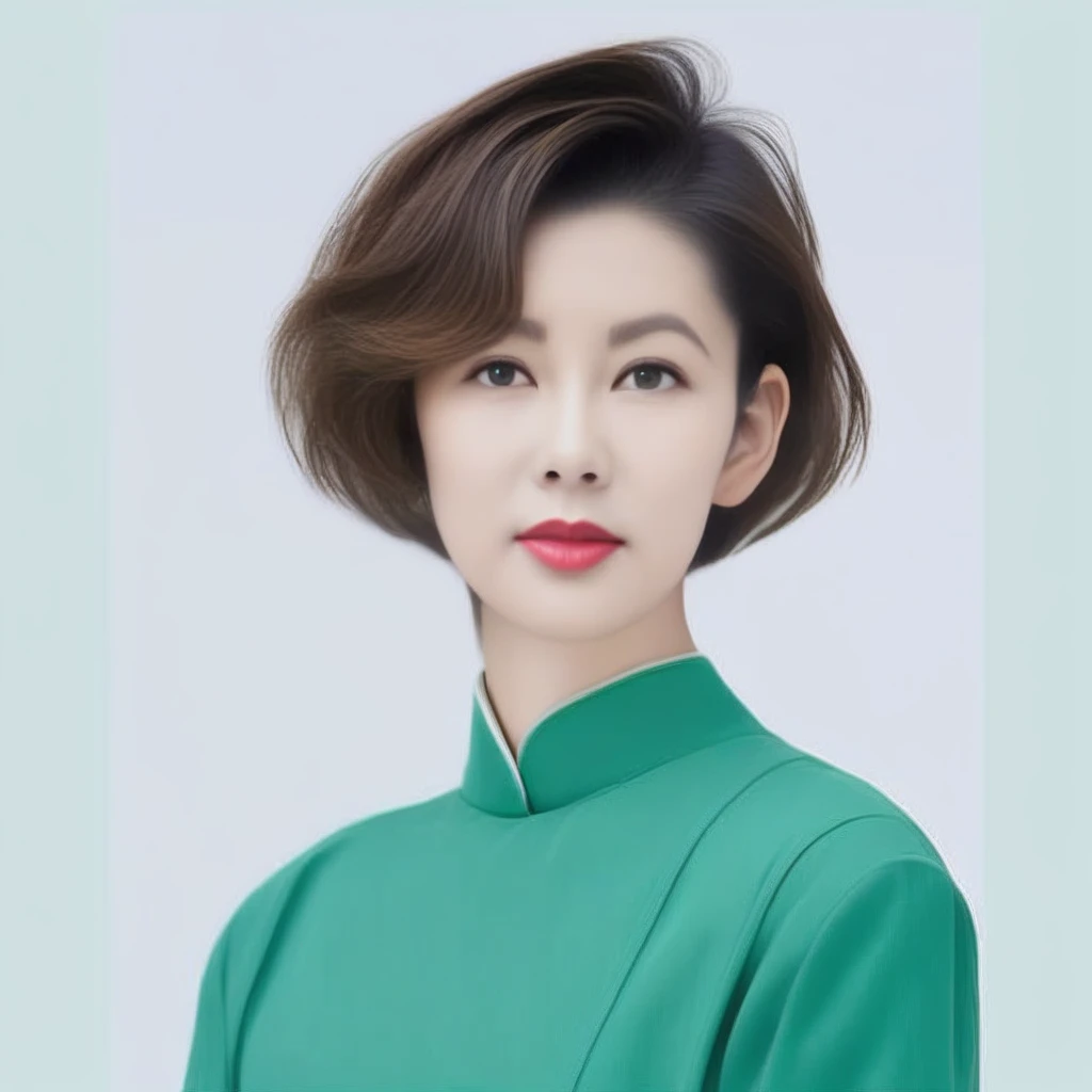 a woman with a short haircut and a green dress on a white background with a blue background and a white background, Chen Yifei, head and shoulders portrait, a photorealistic painting, precisionism