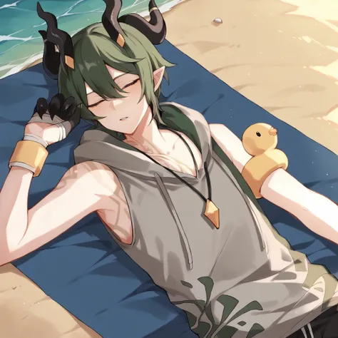 score_9_up, score_8_up, score_7_up, source_anime, 1boy, solo, beach, ocean, blue sky, sun light, clouds, palm tree, lying down on towel, head on towel, hands on stomach, sleeping, closed eyes, from above, from side, angled shot, relaxed, parted lips, Kosma...