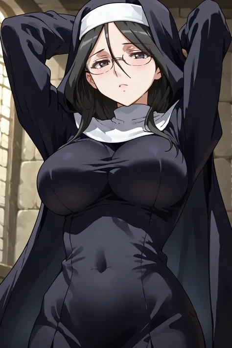 source_anime,1girl, breasts, solo, glasses, black hair, large breasts, arms up, , nun robe, black eyes, long hair