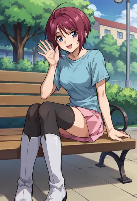 anime girl sitting on a bench in a park with her hand up