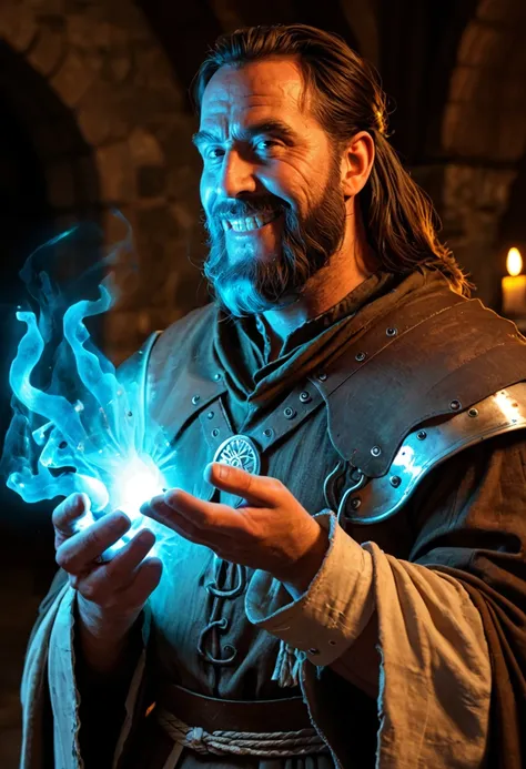 fantasy, medieval, 1man, solo, ugly, evil smile, long beard,glowing, aura, gas from hands, glowing gas in hands